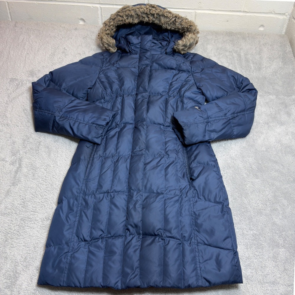 Eddie Bauer Down Parka Women XS Blue Faux Fur Hood Quilted Long Puffer Coat